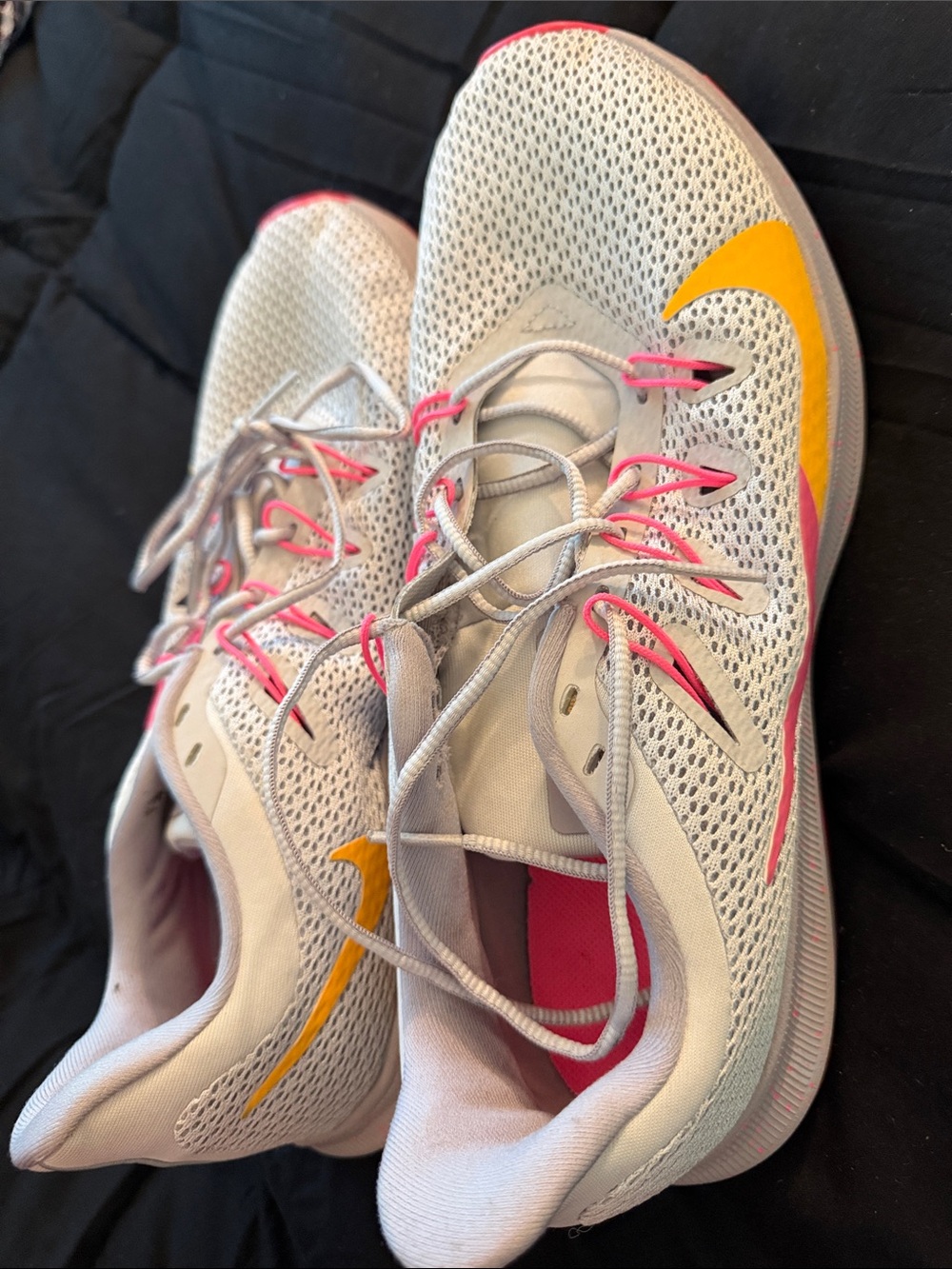 Nike Women's White Mesh Trainers with Pink and Yellow Accents size 10